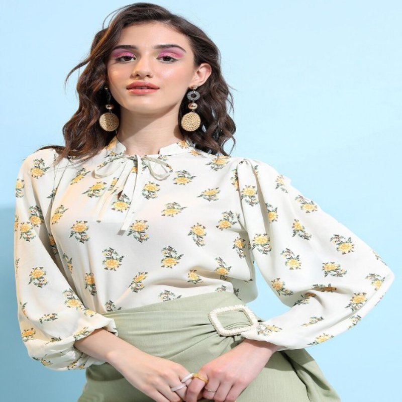 Custom print and colour women top regular top with floral print tie-up-neck polyester summer clothing made in India