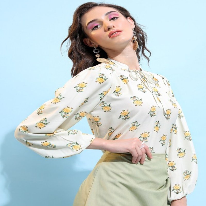 Custom print and colour women top regular top with floral print tie-up-neck polyester summer clothing made in India