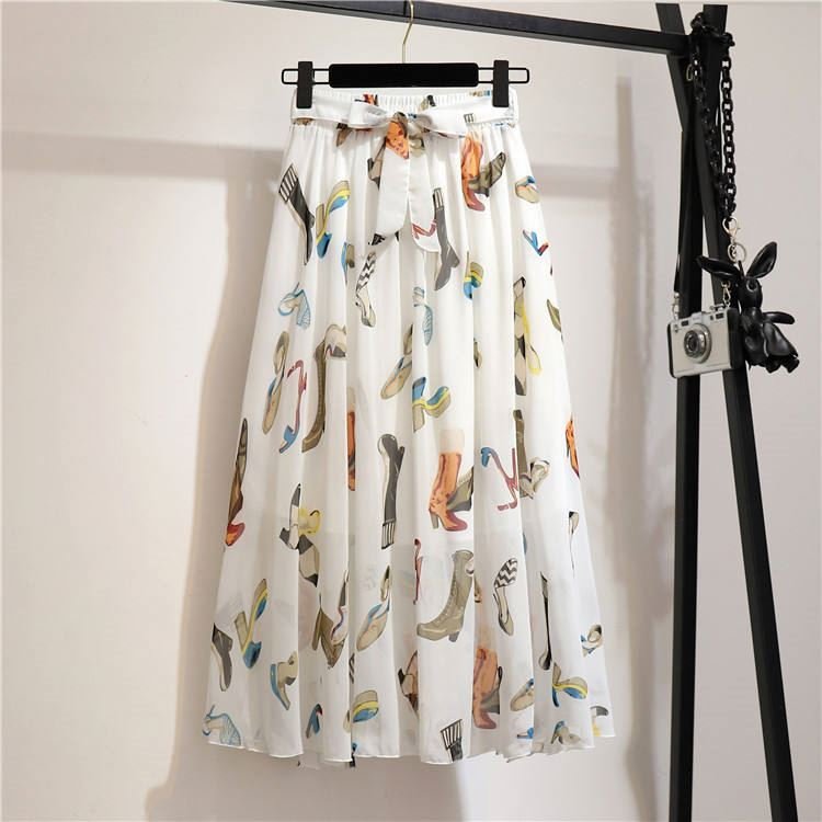 Women Summer Skirts 2024 Vintage Printed Chiffon A-Link Skirt Bow Waist Casual Holiday Beach Midi Skirt Stock
