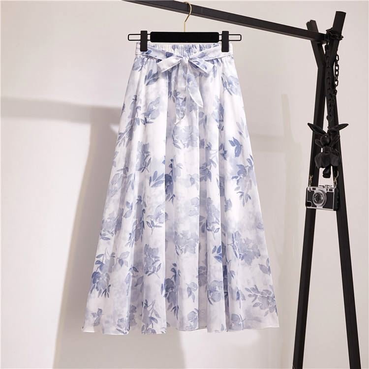 Women Summer Skirts 2024 Vintage Printed Chiffon A-Link Skirt Bow Waist Casual Holiday Beach Midi Skirt Stock