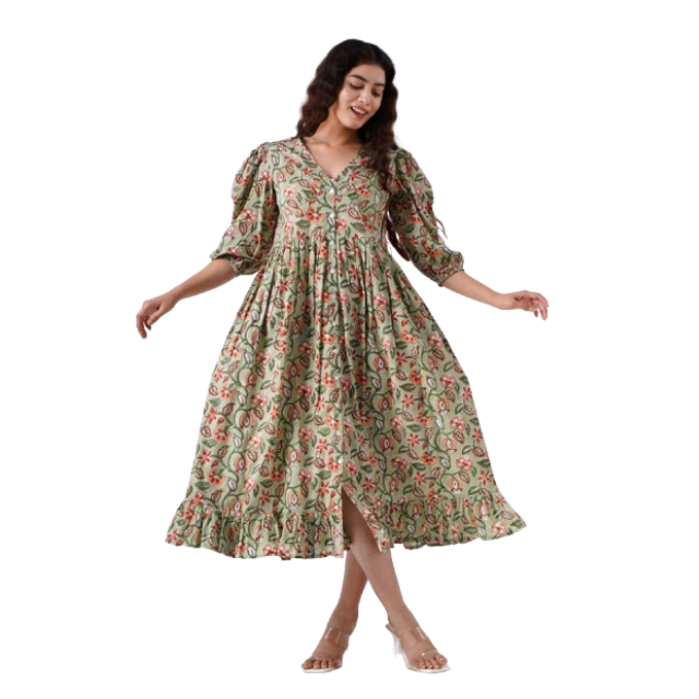 Trending Laurel Green Cotton Indian Hand Block Printed Women's Wedding Casual Party Evening Dresses-Cute Girls Dresses