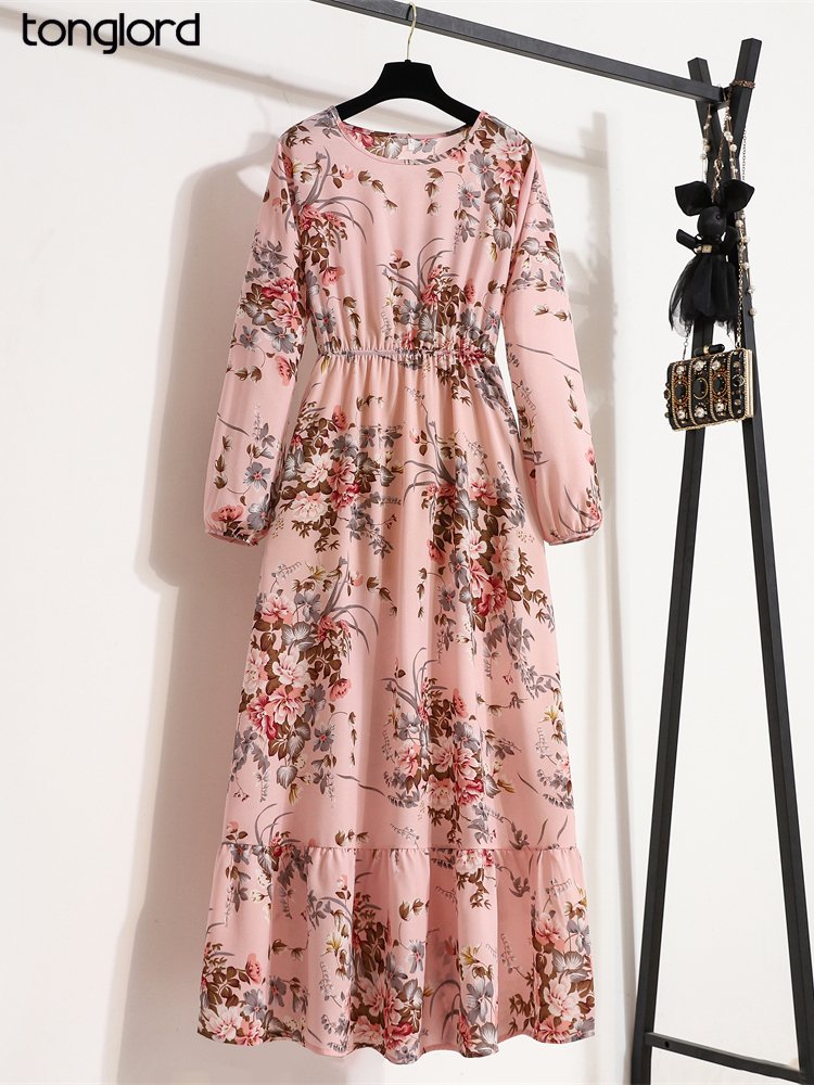 2022 Spring Women Maxi Dresses Casual Full Sleeve Floral Printed O-neck Woman Bohe Beach Party Long Dress