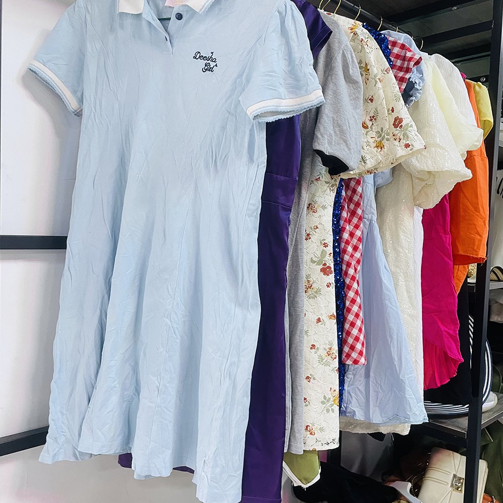 Wholesale Low Price Apparel Stock Used Clothes Women Casual Dress Women Cotton Short Sleeve Top Women Dress Used Clothes