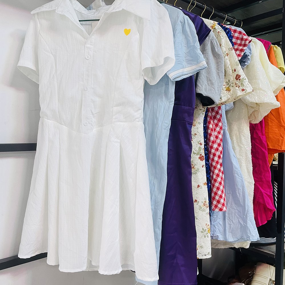 Wholesale Low Price Apparel Stock Used Clothes Women Casual Dress Women Cotton Short Sleeve Top Women Dress Used Clothes