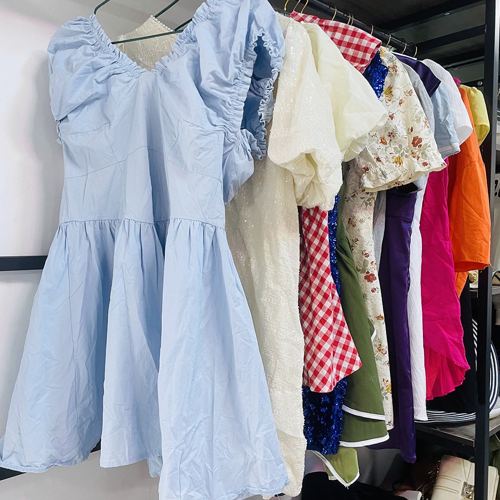 Wholesale Low Price Apparel Stock Used Clothes Women Casual Dress Women Cotton Short Sleeve Top Women Dress Used Clothes