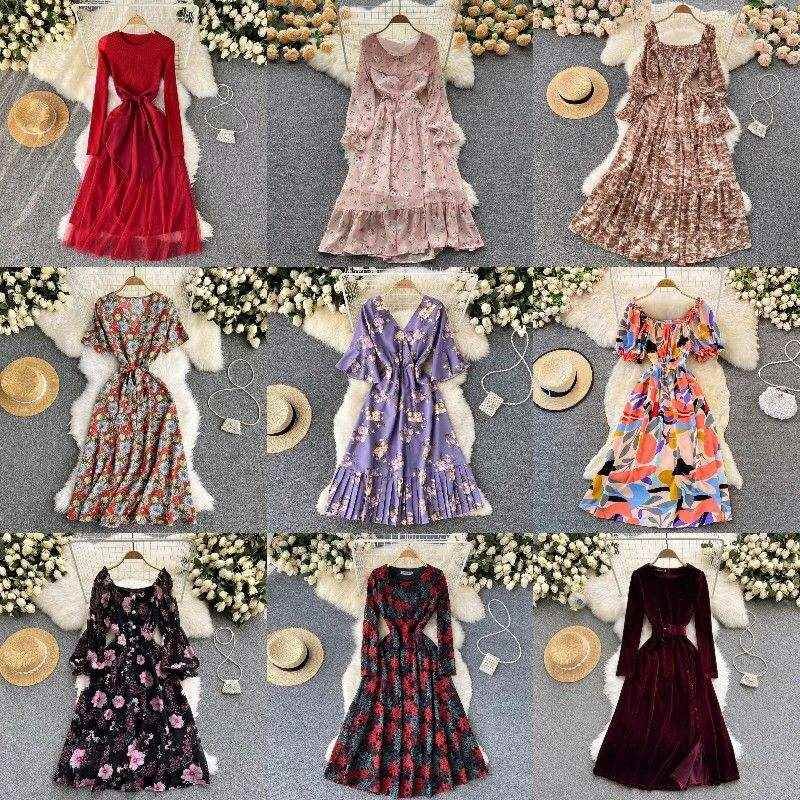Digital Print Ladies Long Chiffon Dresses Elegant Vacation Women Dresses Floral Print Casual Dresses Stock