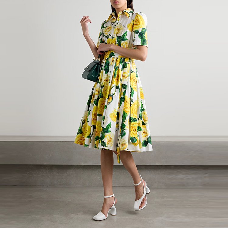 Dress Manufacturer Custom Spring Summer Polo Collar Short Sleeve Drawstring Print Cotton Shirt Midi Dress Women