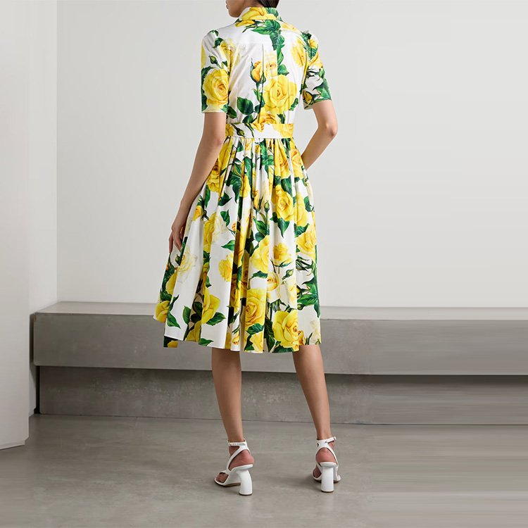 Dress Manufacturer Custom Spring Summer Polo Collar Short Sleeve Drawstring Print Cotton Shirt Midi Dress Women