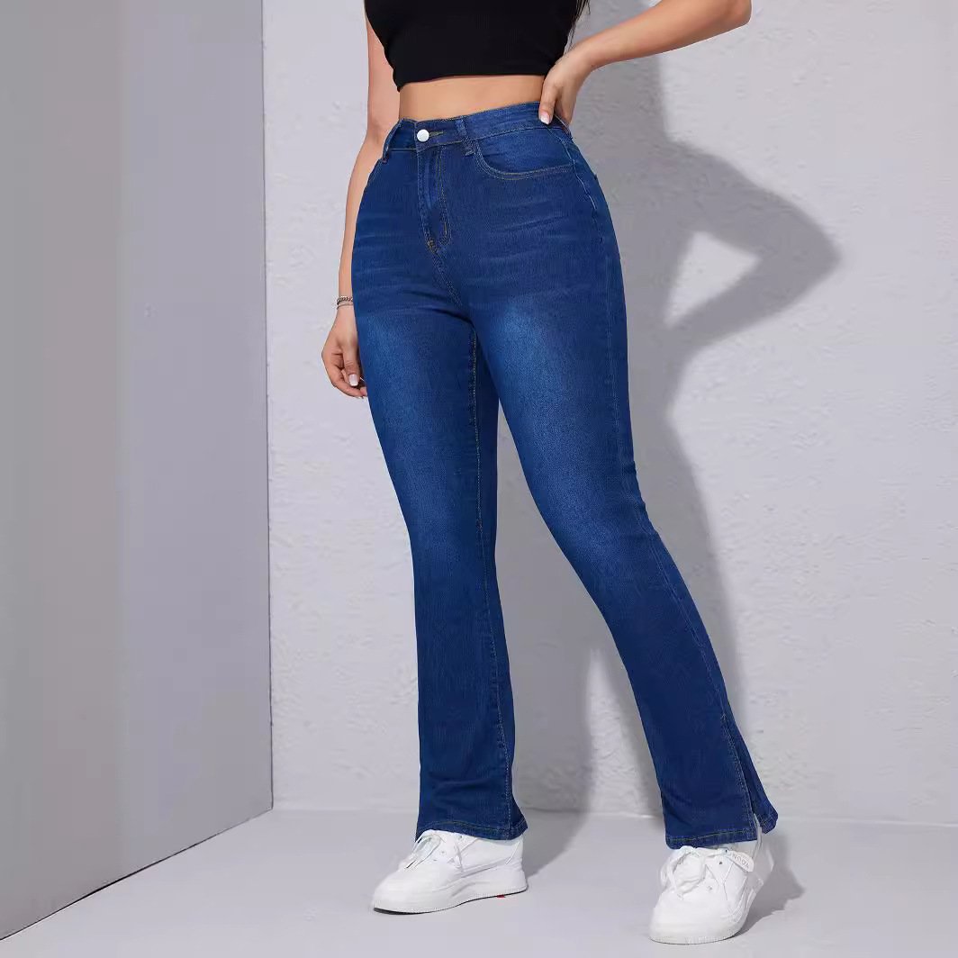 Custom Spray Money Washed Dark Blue High Quality Washed Slim Fit Skinny Split Women's Jeans Wholesale