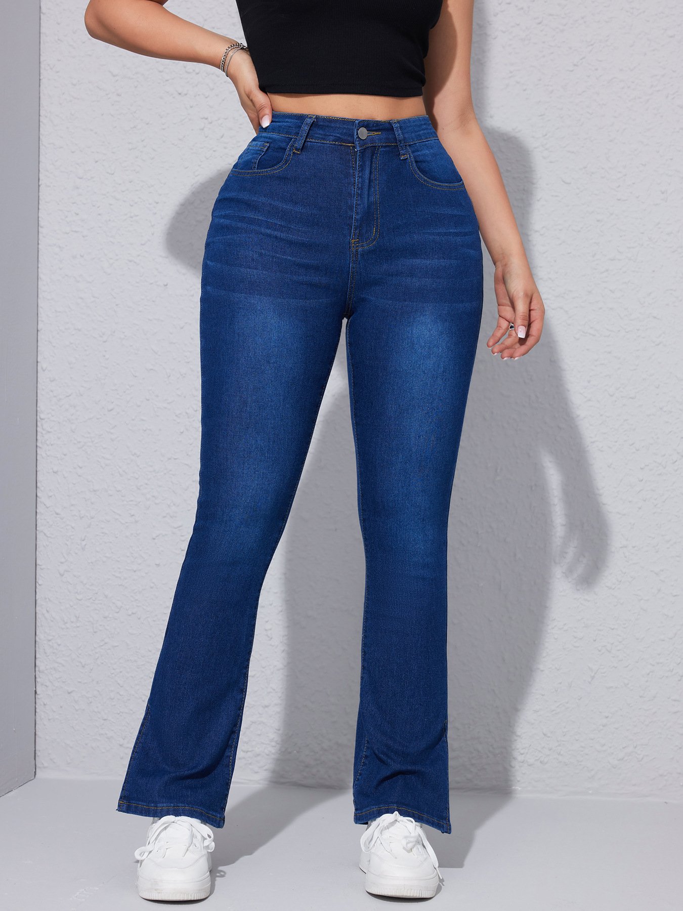 Custom Spray Money Washed Dark Blue High Quality Washed Slim Fit Skinny Split Women's Jeans Wholesale