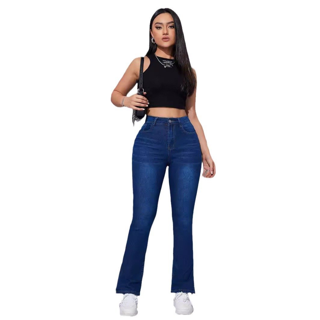 Custom Spray Money Washed Dark Blue High Quality Washed Slim Fit Skinny Split Women's Jeans Wholesale