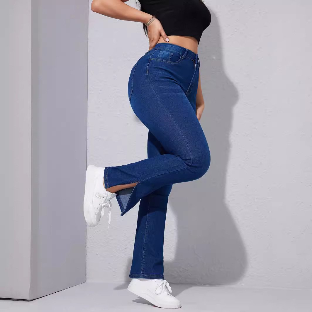 Custom Spray Money Washed Dark Blue High Quality Washed Slim Fit Skinny Split Women's Jeans Wholesale