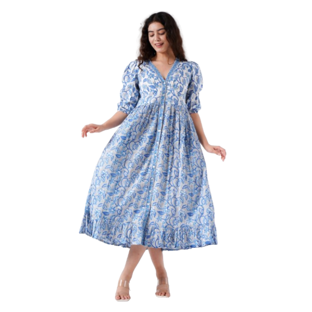 Trending Yonder Blue Cotton Indian Hand Block Printed Women's Wedding Casual Party Evening Dresses-Cute Girls Dresses