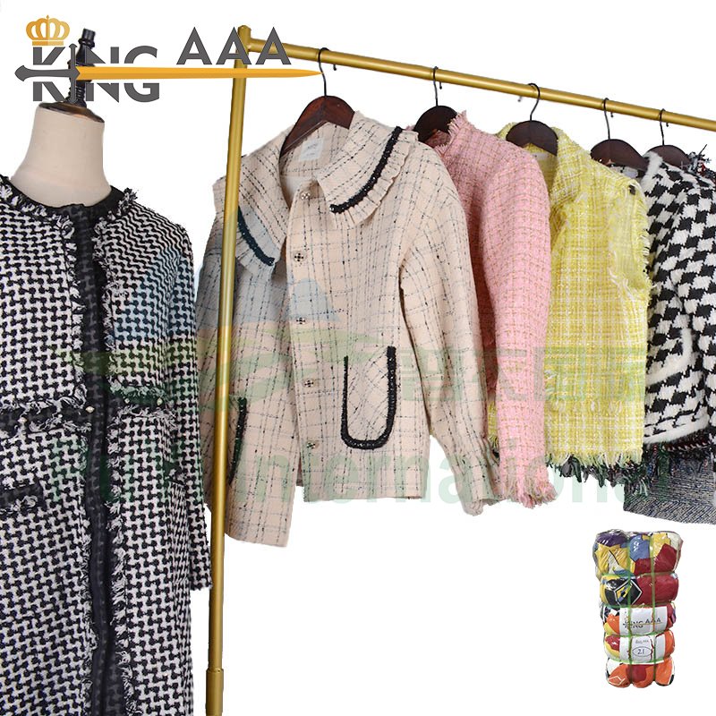 2024 Luxury Branded Used Clothes Second Hand Ladies Wool Blends Channel Style Coat Suit Plaid Fabric Apparel For Women