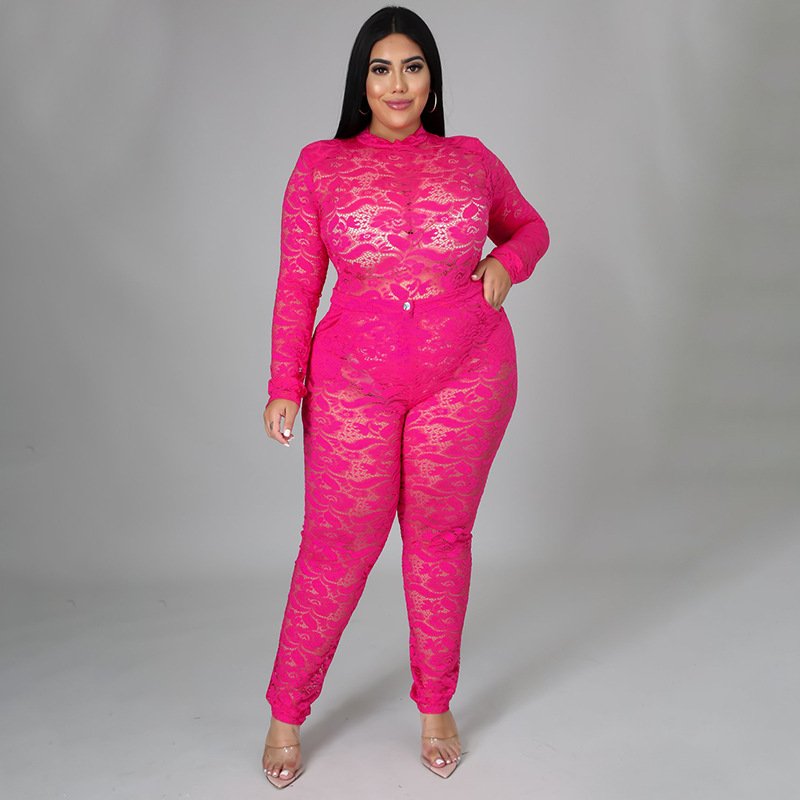 2022 new arrivals summer plus size women's clothing see through nightclub outfit lace two piece pants set