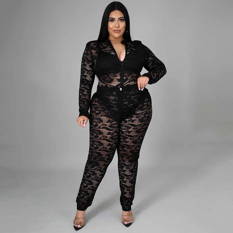 2022 new arrivals summer plus size women's clothing see through nightclub outfit lace two piece pants set