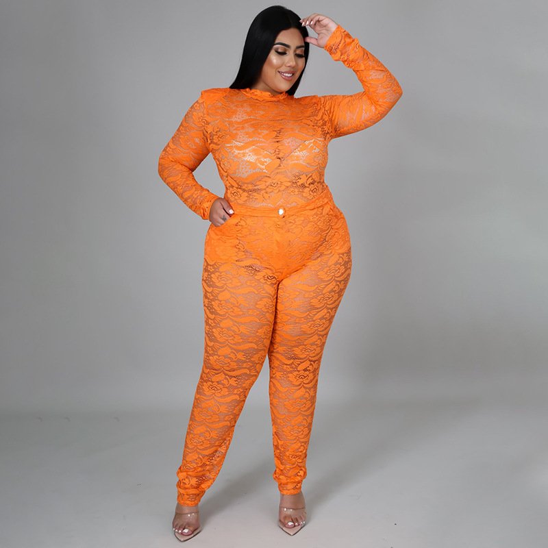 2022 new arrivals summer plus size women's clothing see through nightclub outfit lace two piece pants set