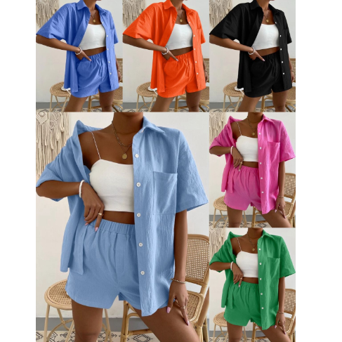 Women's 2023 spring long-sleeved shirt high waist drawstring shorts large size fashion casual women's suit