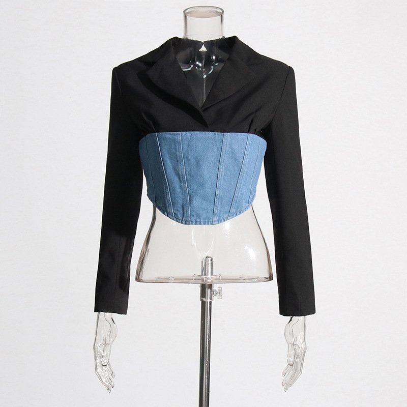 Fall Winter Fashion Casual Lady 2 Two Piece Long Sleeve Color Block Patchwork Denim Blazer Top Straight Pant Set Women's Sets