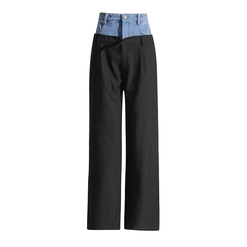 Fall Winter Fashion Casual Lady 2 Two Piece Long Sleeve Color Block Patchwork Denim Blazer Top Straight Pant Set Women's Sets