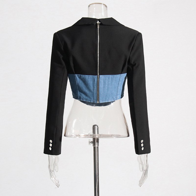 Fall Winter Fashion Casual Lady 2 Two Piece Long Sleeve Color Block Patchwork Denim Blazer Top Straight Pant Set Women's Sets