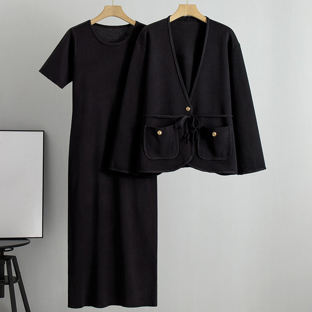 Atoptex Autumn European Women'S Set New Style V-Neck Ruffle Short Knitted Cardigan+Long Dress Clothes Fashion Skirt