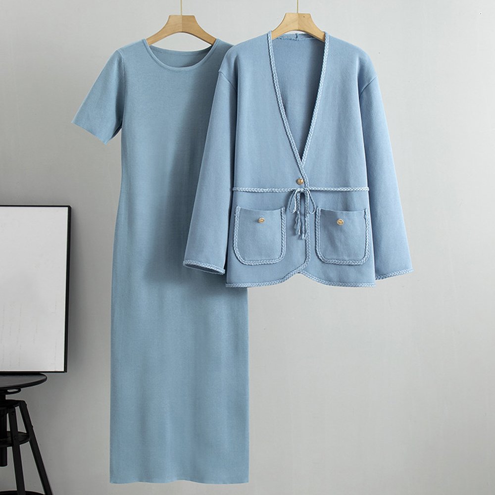 Atoptex Autumn European Women'S Set New Style V-Neck Ruffle Short Knitted Cardigan+Long Dress Clothes Fashion Skirt