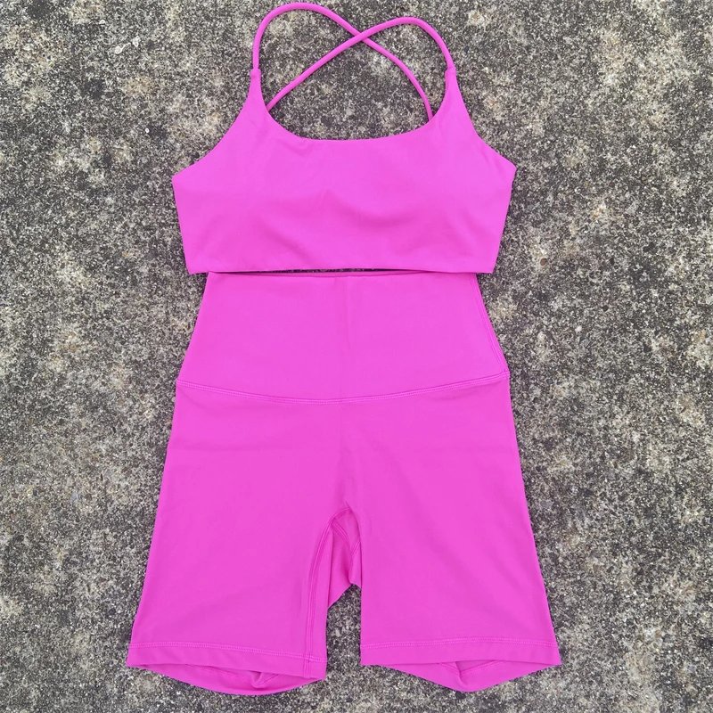 Solid Color Fitness Suit High Waist short Legging Cross Back sports Bra Women 2 Piece athletic Gym Yoga short Set