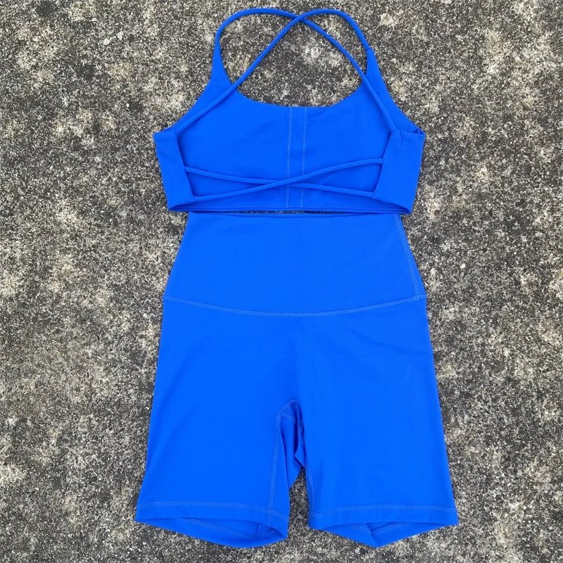 Solid Color Fitness Suit High Waist short Legging Cross Back sports Bra Women 2 Piece athletic Gym Yoga short Set