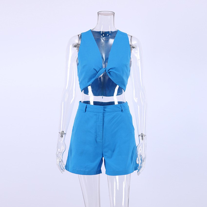 2022 Hot Selling Summer Blue Sleeveless Linen Crop Top 2 Two Piece Women Short Set