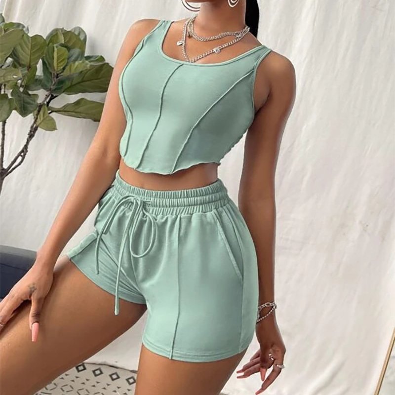 2024 Stylish Women For Shirts Mint Green Drawstring Camisole Suit Women's Fit High Quality Shorts Set