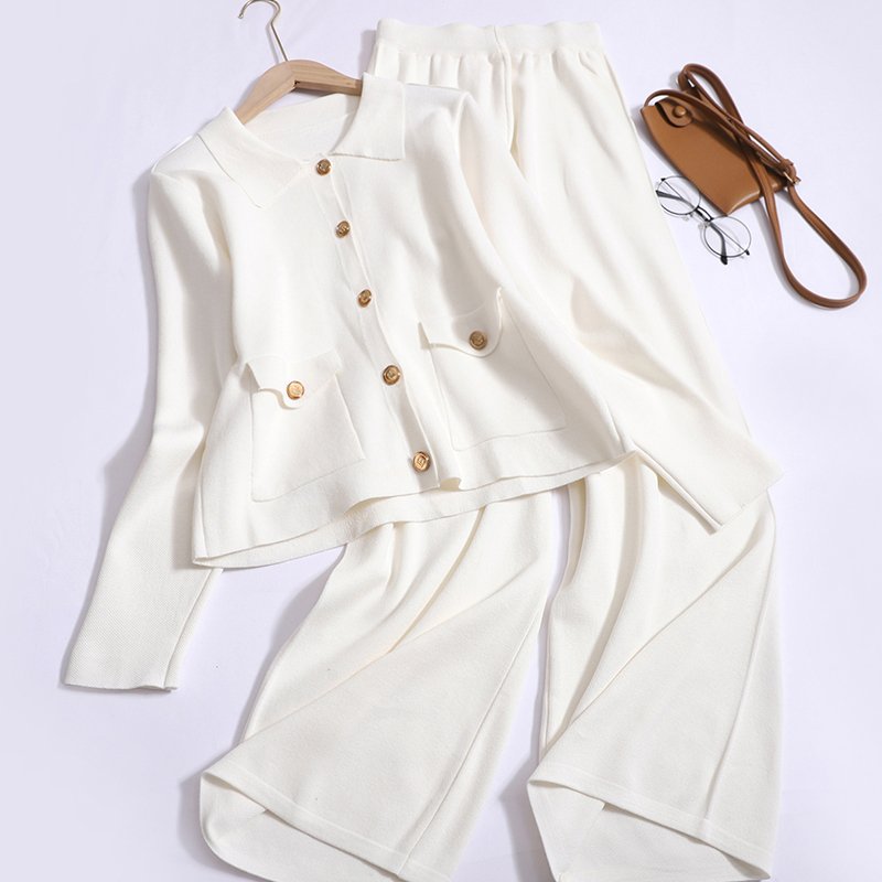 Wholesale 2024 Autumn New Fashion Lapel Buckle Knitted Long Sleeved Jacket Solid Color Wide Leg Pants Women's Sets