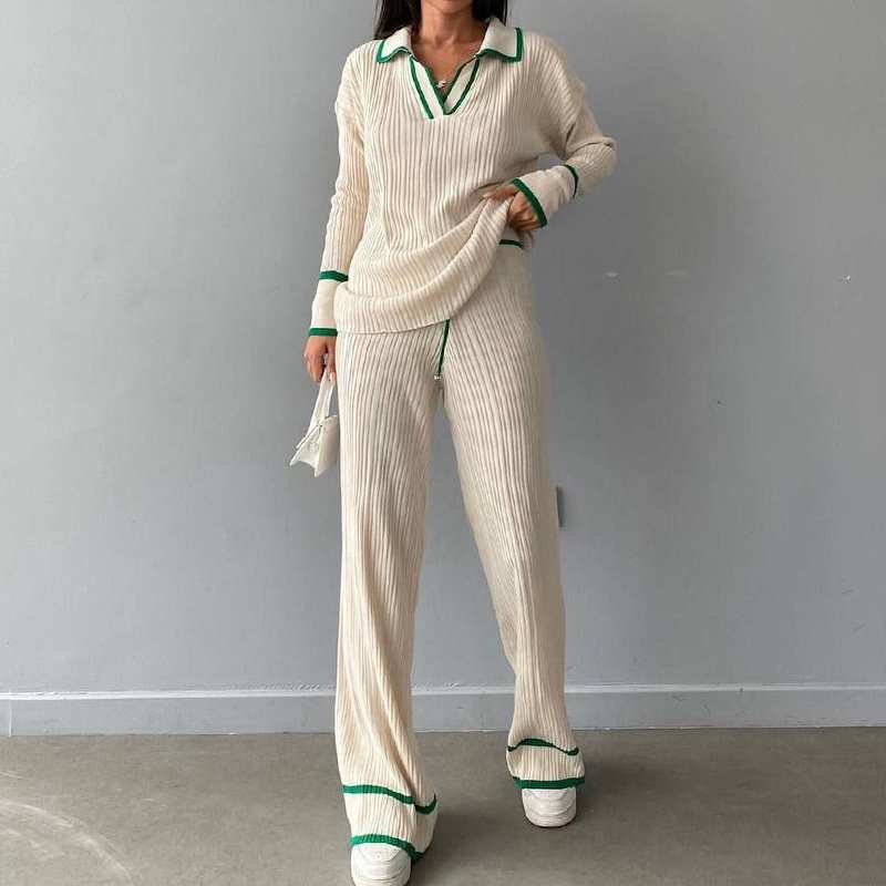QY8281 Fall 2024 Women Clothes Pit Striped Line Two Piece Set Fashion Casual Loose Suit Polo Neck Tops+High Waist Pant Set