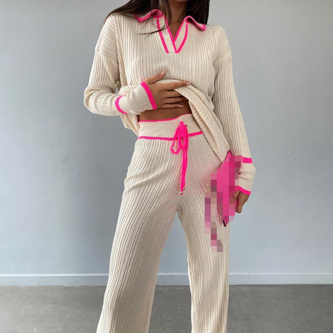 QY8281 Fall 2024 Women Clothes Pit Striped Line Two Piece Set Fashion Casual Loose Suit Polo Neck Tops+High Waist Pant Set