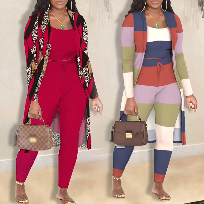 Dropshipping Products Women Clothing Ladies Set Fashion Printed Cardigan Coat Pants Tank Crop Tops Three Piece Women's Sets