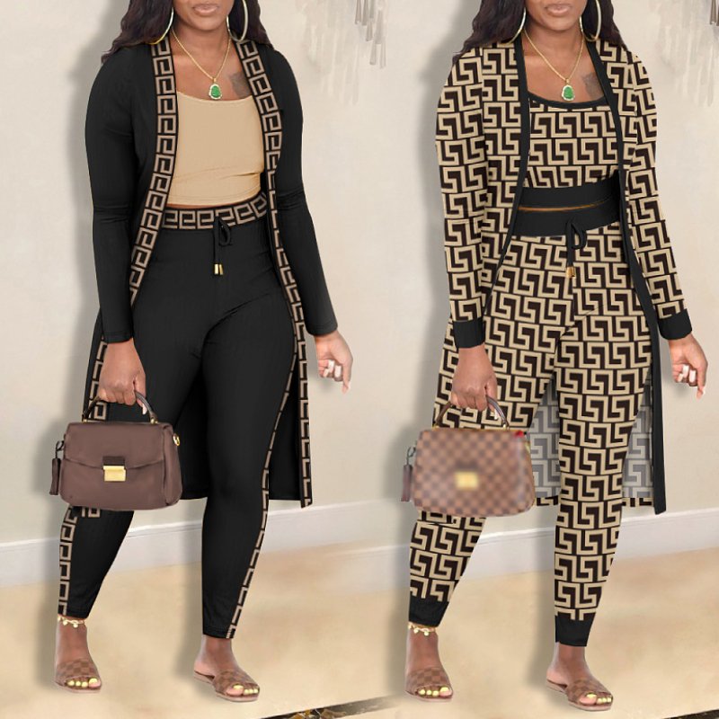 Dropshipping Products Women Clothing Ladies Set Fashion Printed Cardigan Coat Pants Tank Crop Tops Three Piece Women's Sets