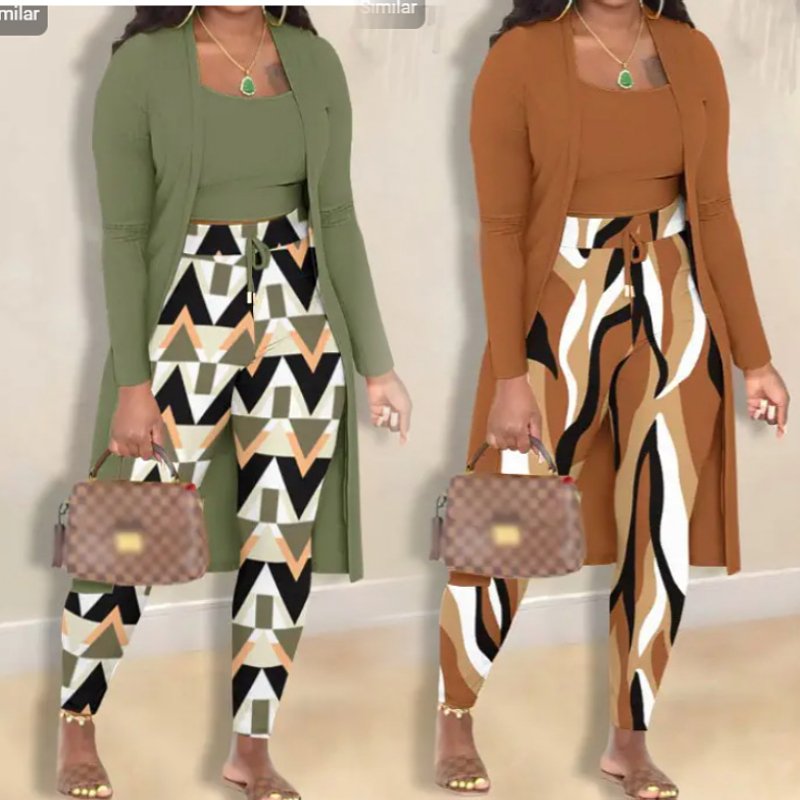 Dropshipping Products Women Clothing Ladies Set Fashion Printed Cardigan Coat Pants Tank Crop Tops Three Piece Women's Sets