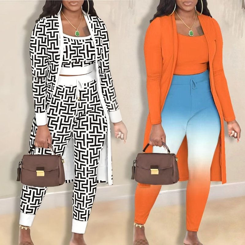 Dropshipping Products Women Clothing Ladies Set Fashion Printed Cardigan Coat Pants Tank Crop Tops Three Piece Women's Sets