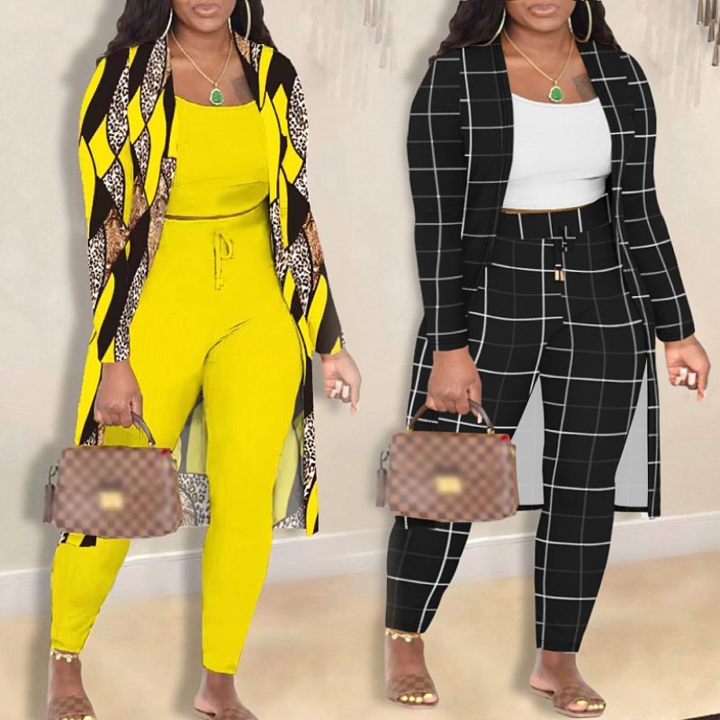 Dropshipping Products Women Clothing Ladies Set Fashion Printed Cardigan Coat Pants Tank Crop Tops Three Piece Women's Sets