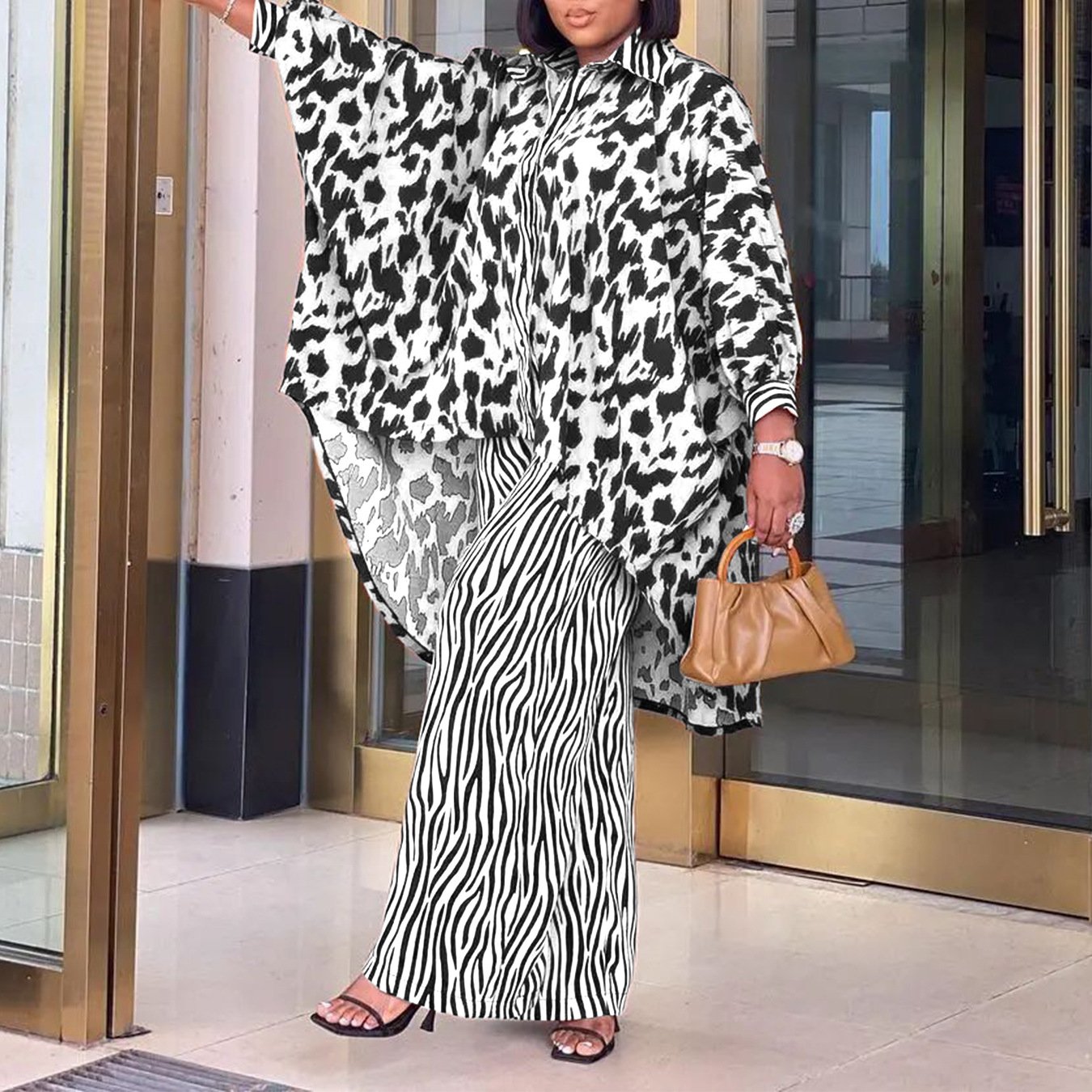 Spring Fashion Printed African Clothing Plus Size Long Shirt Wide Leg Pants Casual pant Two Piece Set