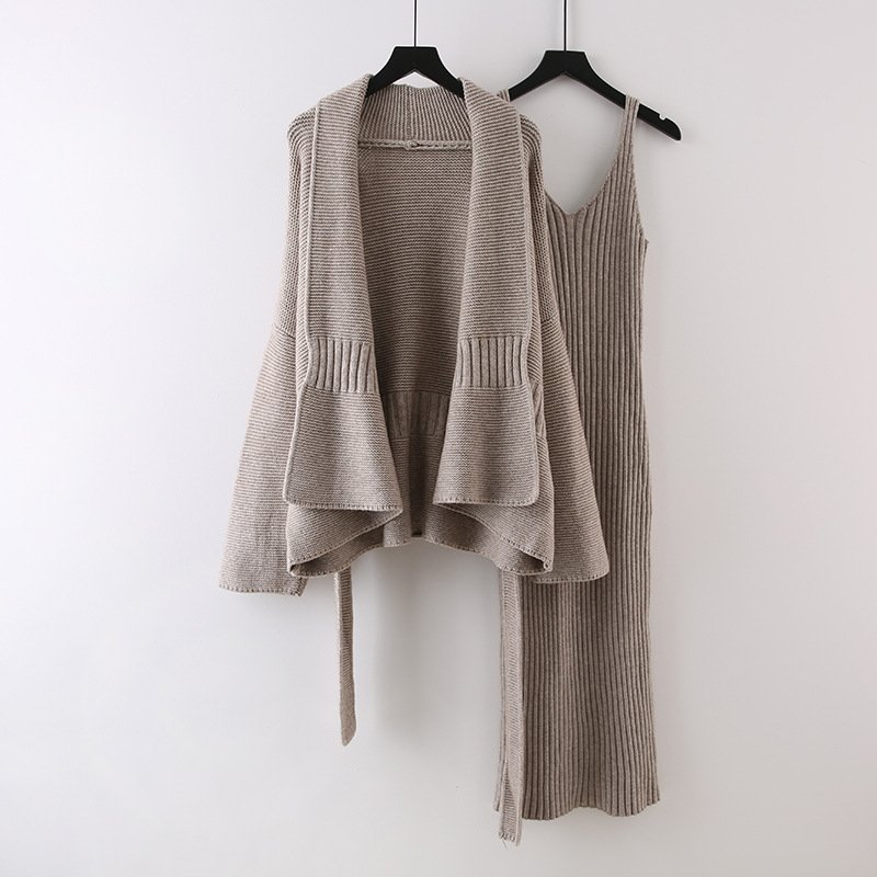 Boutique Wholesale 2024 Autumn New Fashion Long Knitted Dress Strap V-neck Sweater Cardigan Women's Set
