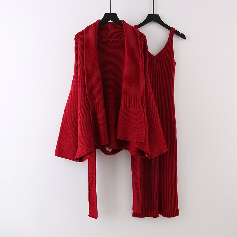 Boutique Wholesale 2024 Autumn New Fashion Long Knitted Dress Strap V-neck Sweater Cardigan Women's Set
