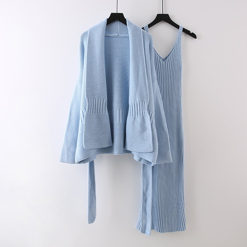 Boutique Wholesale 2024 Autumn New Fashion Long Knitted Dress Strap V-neck Sweater Cardigan Women's Set