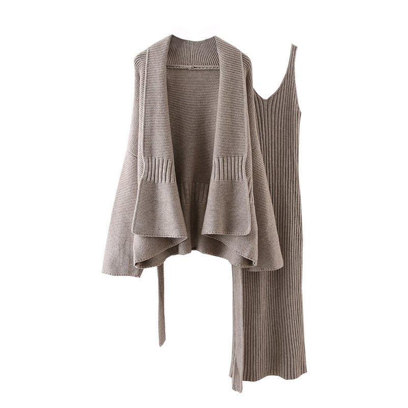 Boutique Wholesale 2024 Autumn New Fashion Long Knitted Dress Strap V-neck Sweater Cardigan Women's Set