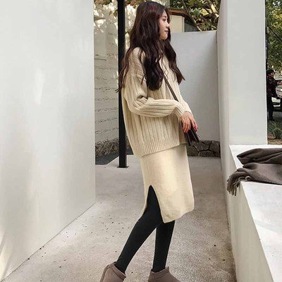 Casual Knitted Dresses V Neck Long Sleeve Two Pieces Women Sweaters Dress Set