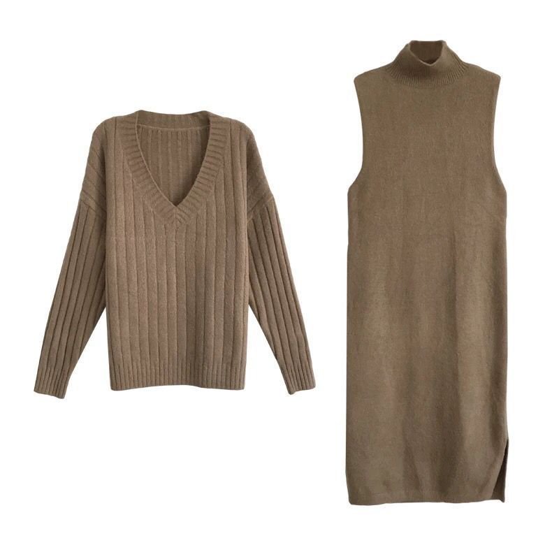 Casual Knitted Dresses V Neck Long Sleeve Two Pieces Women Sweaters Dress Set