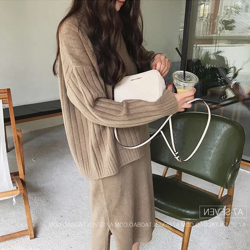 Casual Knitted Dresses V Neck Long Sleeve Two Pieces Women Sweaters Dress Set