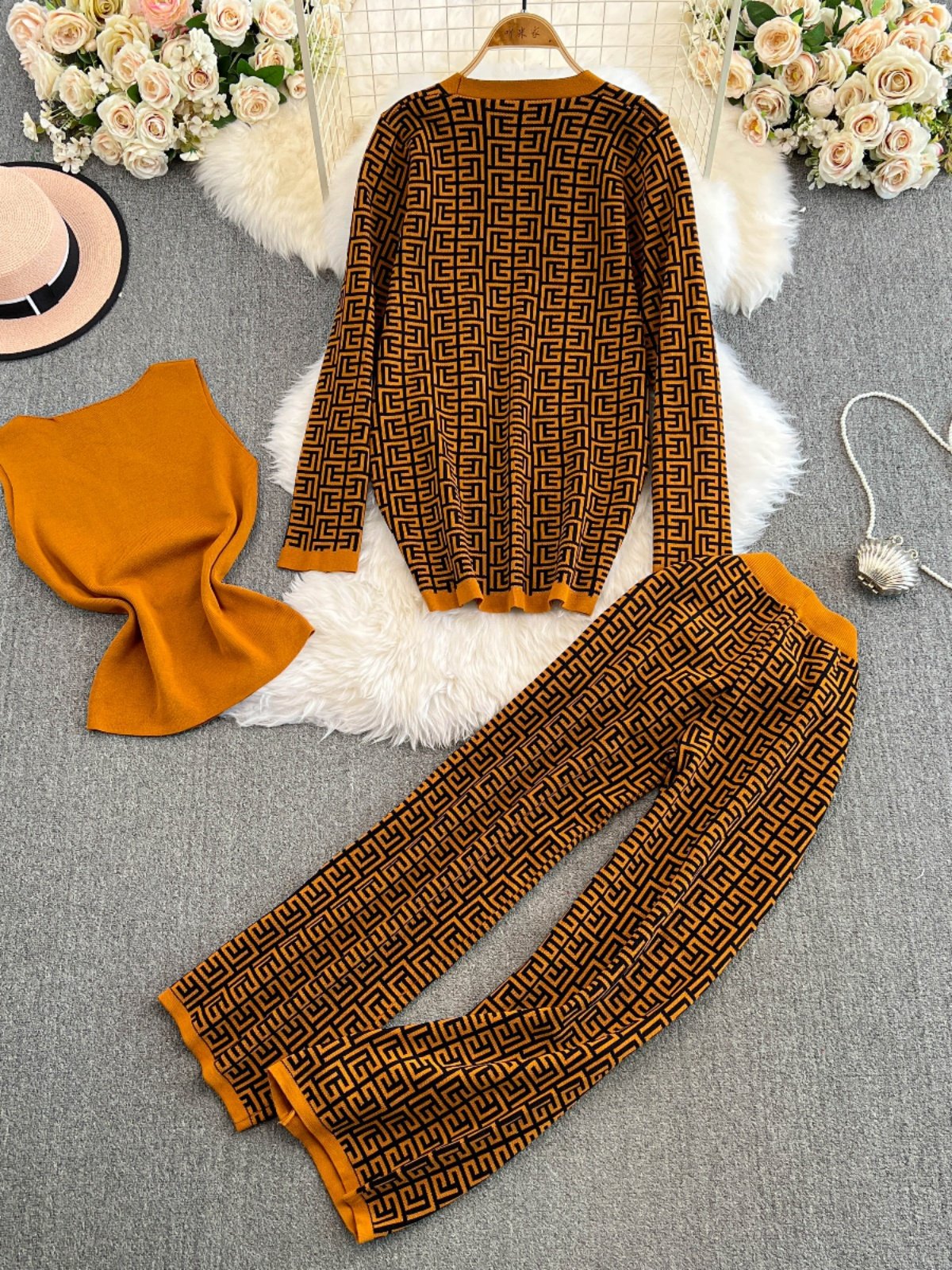Boutique Wholesale 2024 Autumn New Fashionable Knitted Jacket V-neck Vest Wide Leg Pants Women's Set