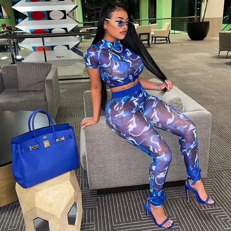 2023 New round stand collar T T-shirt clothing sexy cutout see-through women's sets trousers two piece suit set women