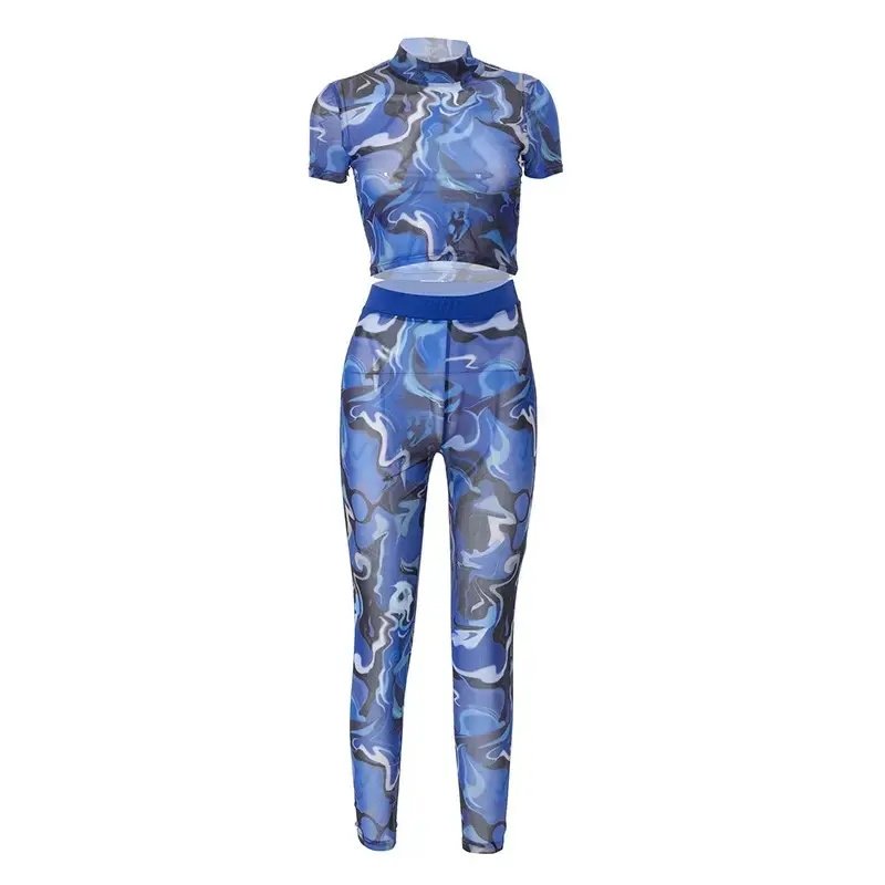 2023 New round stand collar T T-shirt clothing sexy cutout see-through women's sets trousers two piece suit set women